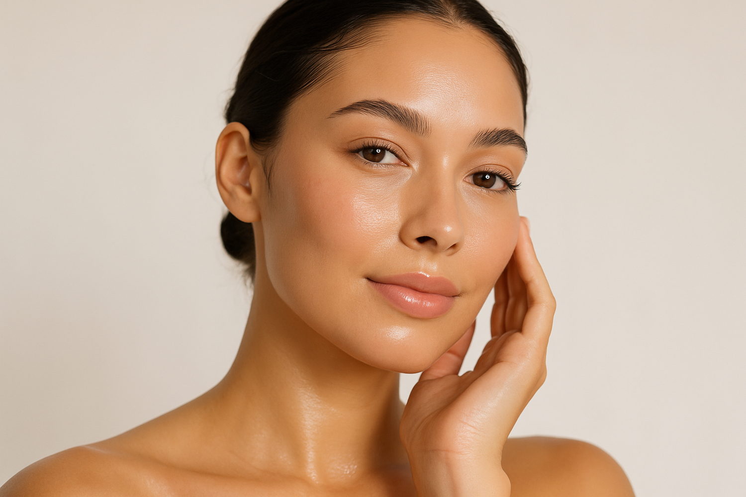 create a skin face model with bright skin her hand on sking posing